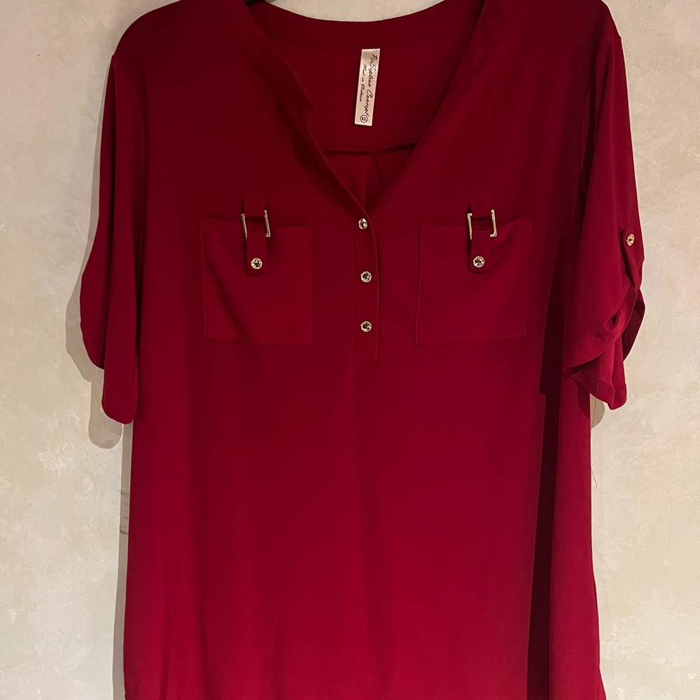 PerSeption Concept Deep Red Blouse with Button Accents
